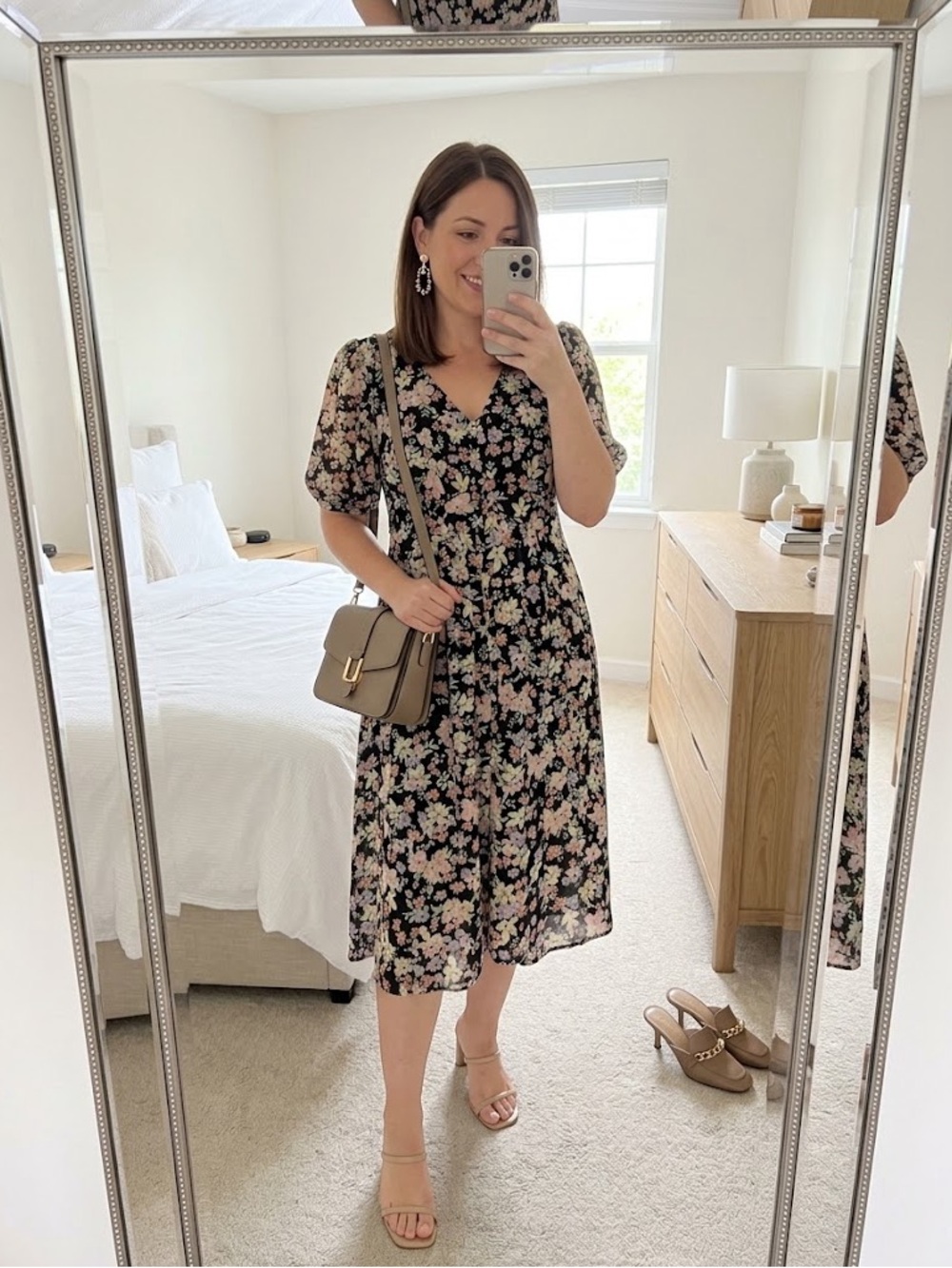 London Times Black Floral V-Neck Midi Dress with Puff Sleeves